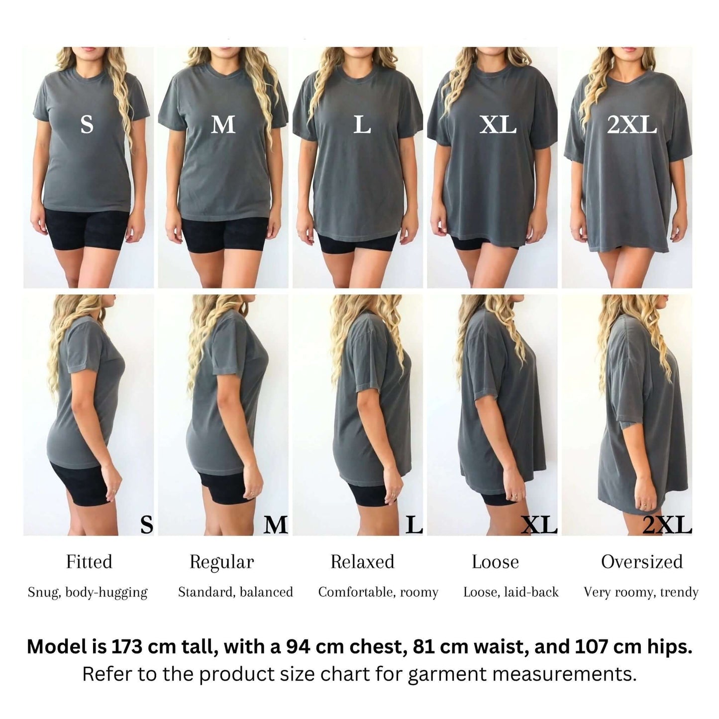 A size chart showing each size on the same model to help choose the right size.