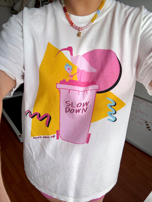 Person wearing a white t-shirt with a colorful graphic design featuring an ibis and bin