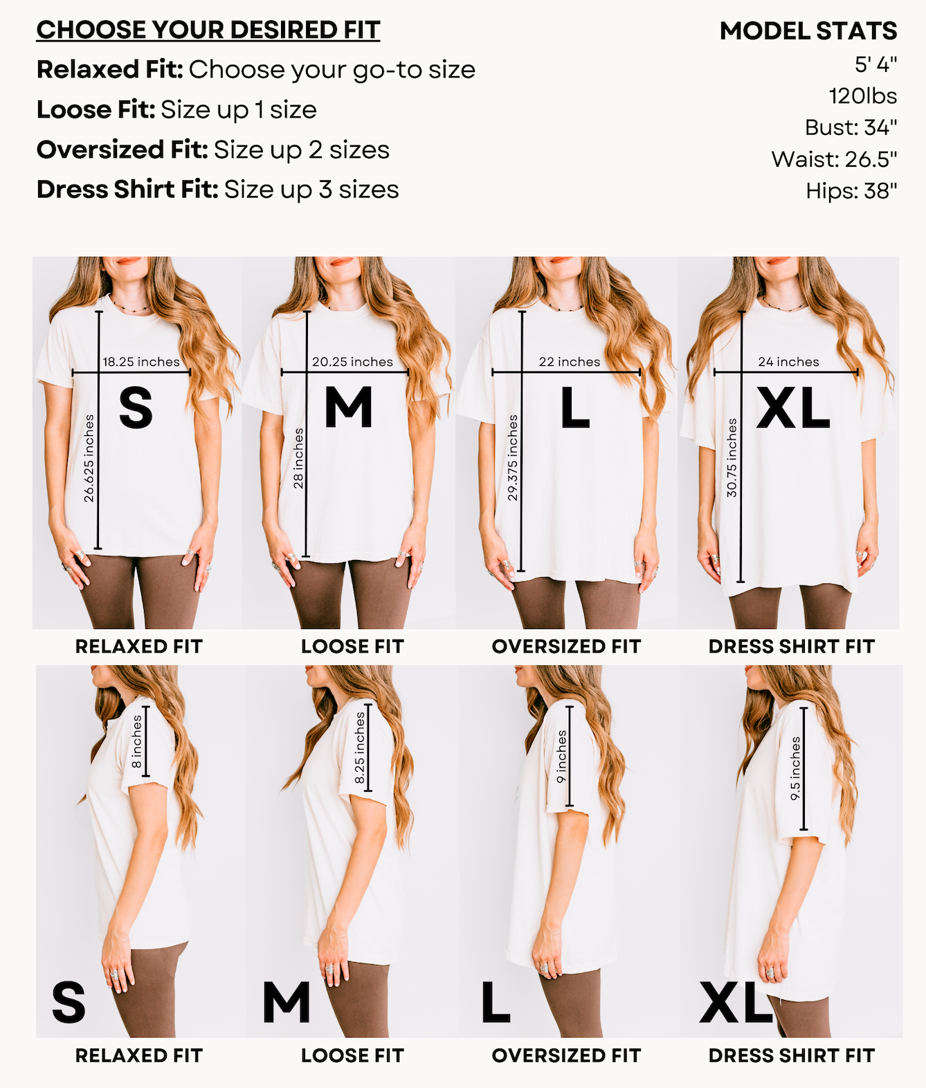 Size chart for women's shirts with model statistics and fit options.