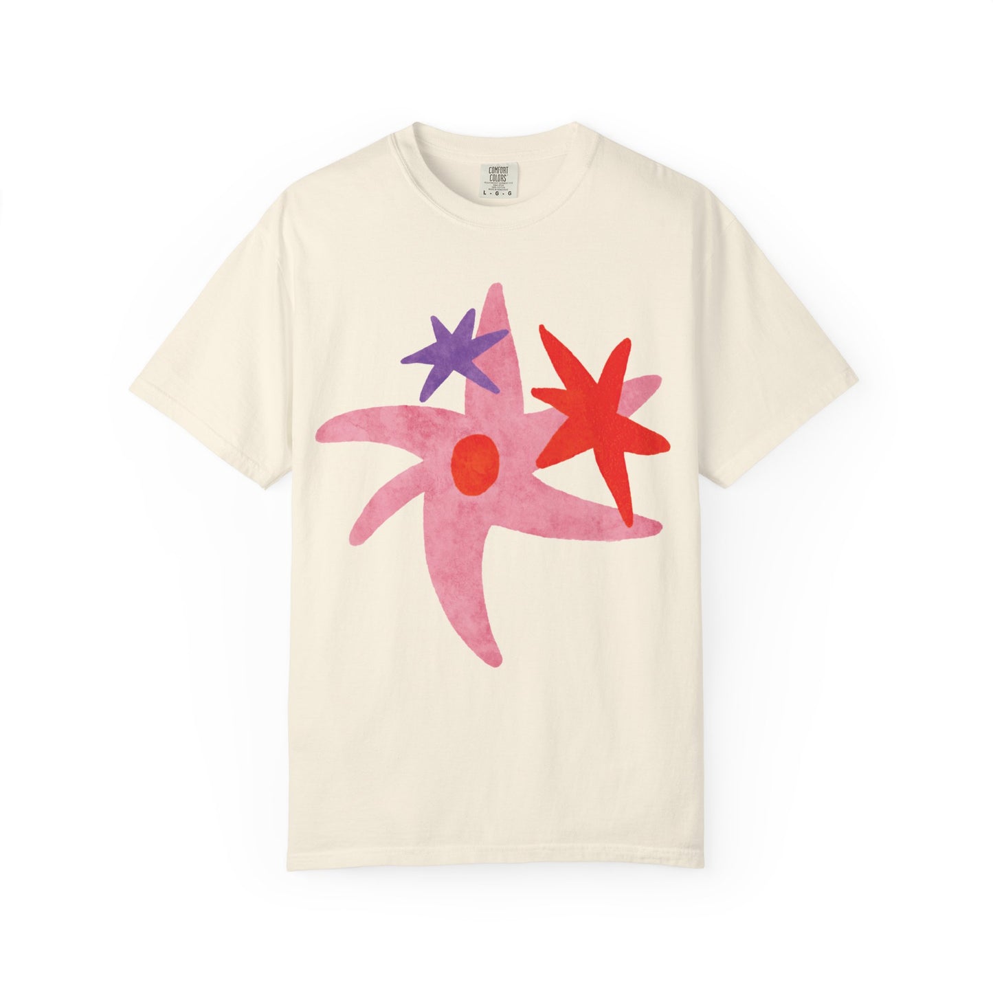 Beige t-shirt with colorful abstract design on a white background