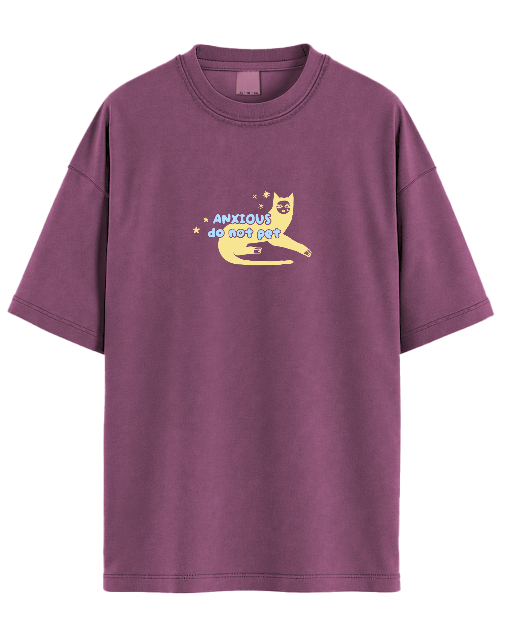 Berry coloured t-shirt with a yellow cat graphic and text reading 'anxious do not pet'