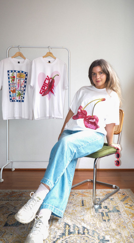 Sparkly Cherries Premium Oversized Tee White