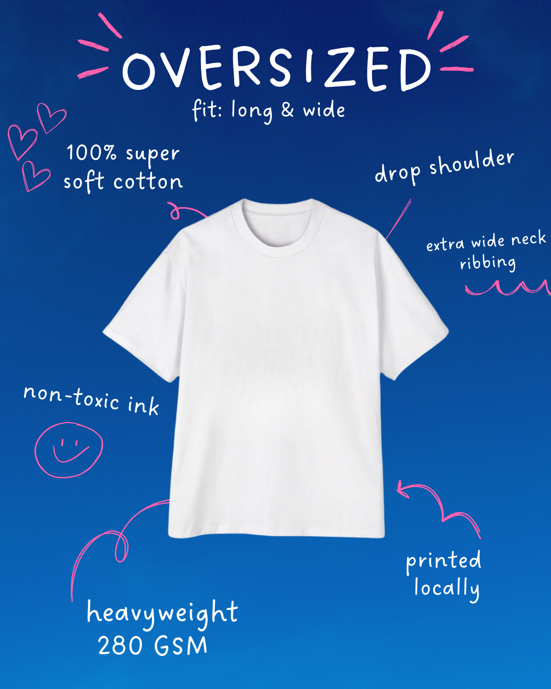 Oversized white T-shirt on blue background with hand-drawn annotations highlighting features like 100% soft cotton, heavyweight 280 GSM, drop shoulder, and non-toxic ink.