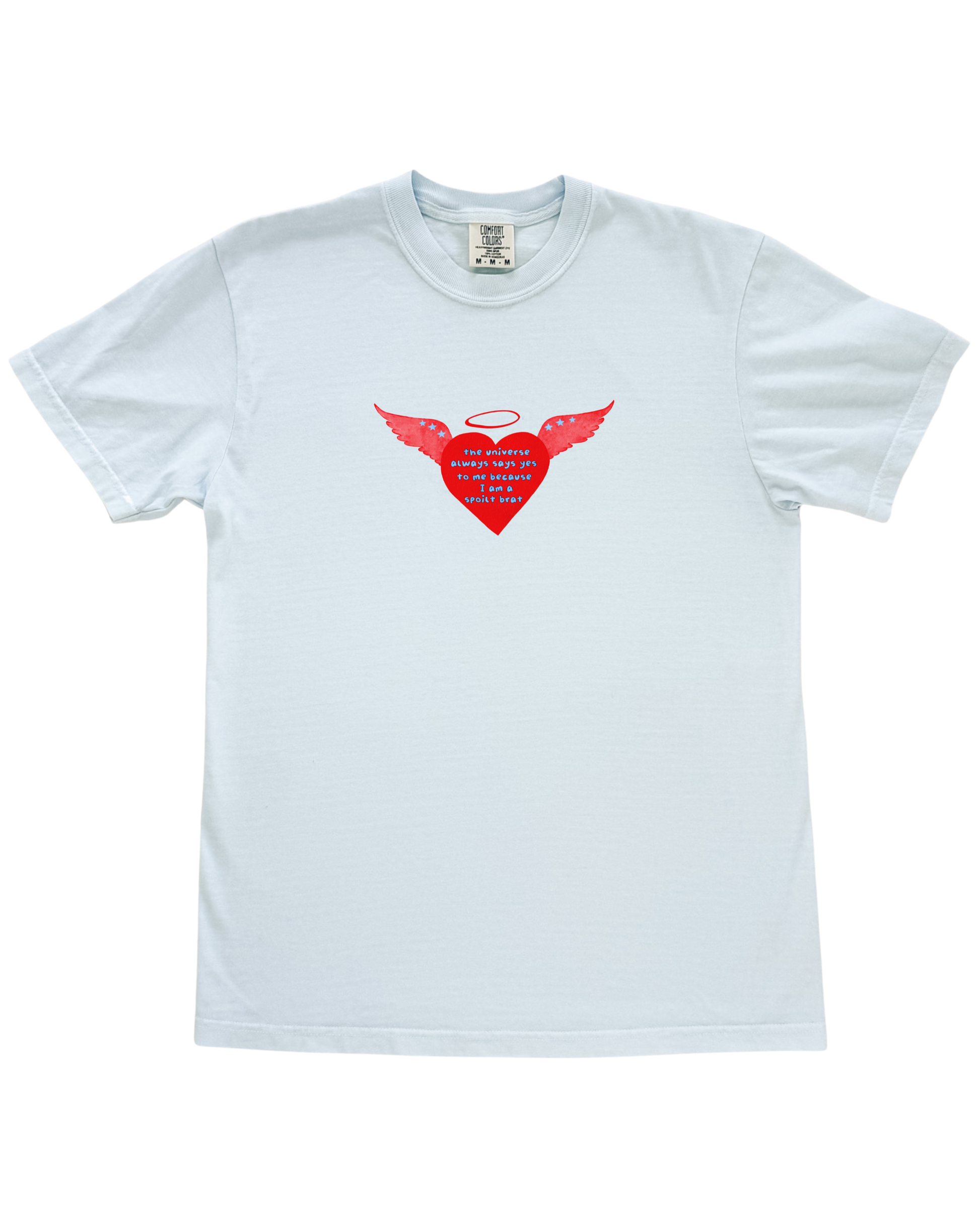 Light blue t-shirt with a red heart design featuring wings and a halo on a white background