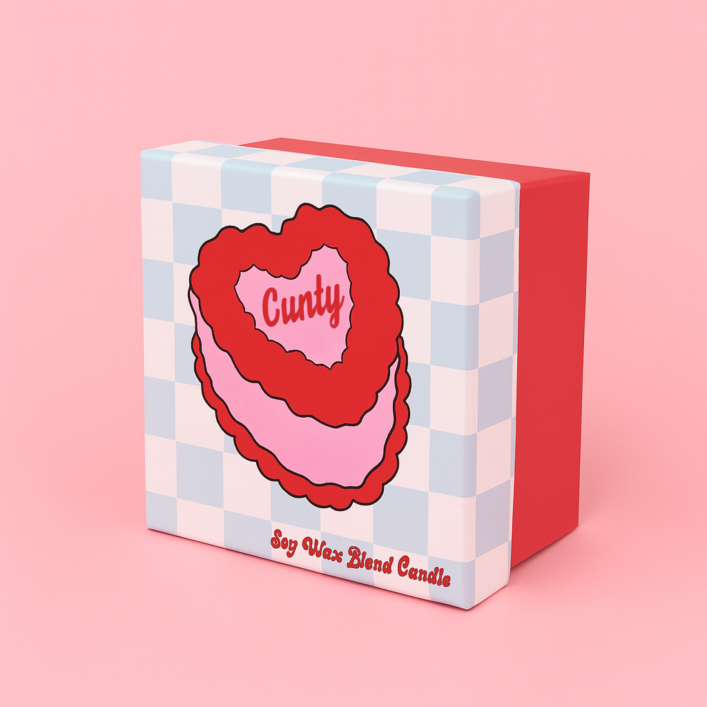 cunty candle box with checkered pattern on a pink background