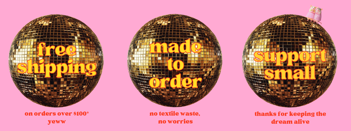 Three gold disco balls on pink background highlighting Bad Batch values: free shipping over $100, made to order with no textile waste, and support for small businesses