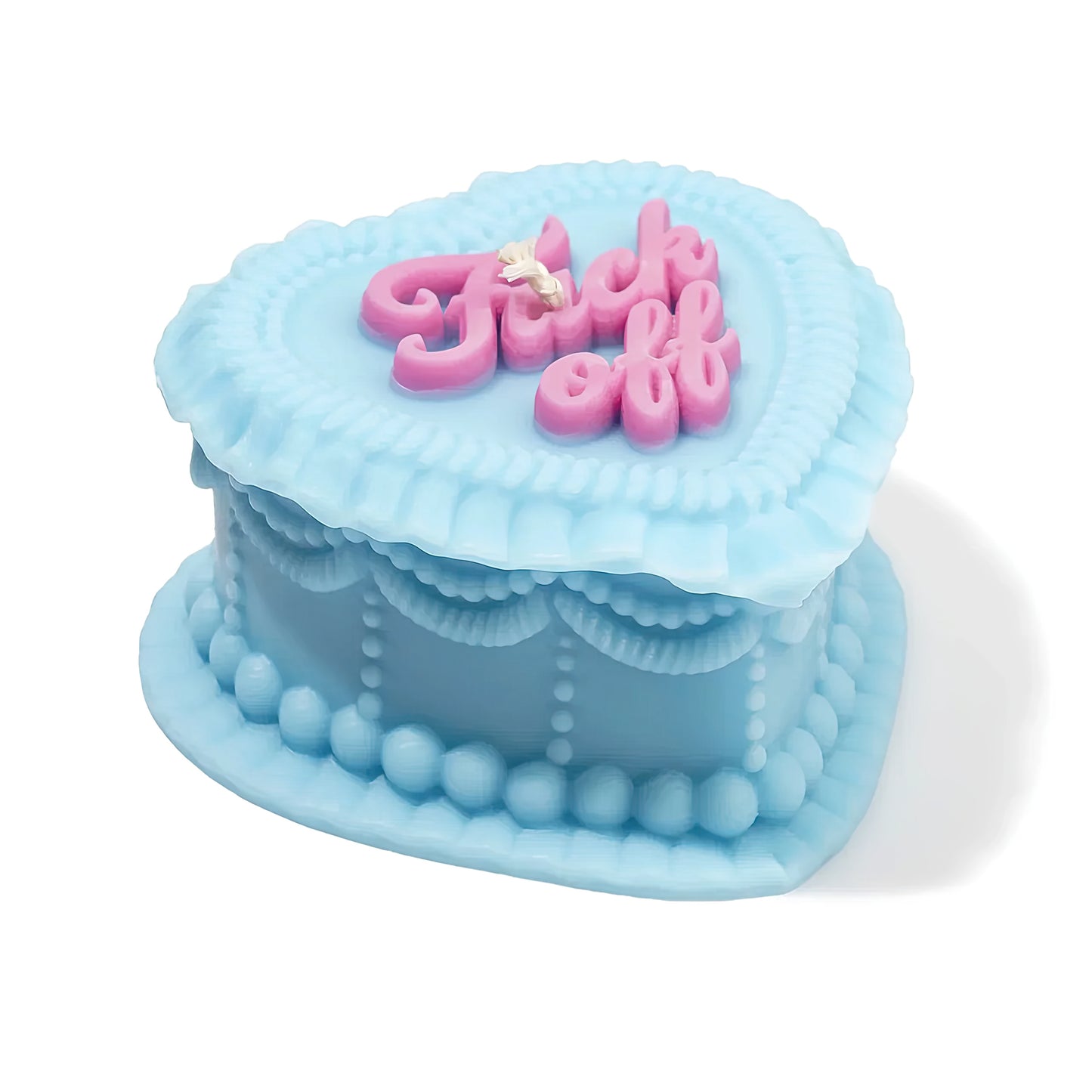 Blue fuck off gift candle shaped like a cake with pink text on a white background