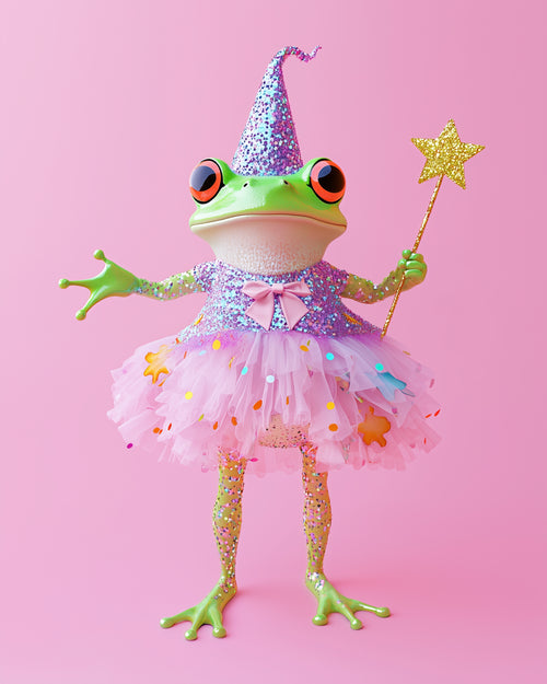 Quirky Bad Batch digital art print of a funny frog wearing a glittery party hat, pink tutu, and holding a gold sparkly wand on a vibrant pink background. Ideal playful decor to add color, humor, and dopamine vibes to any room.