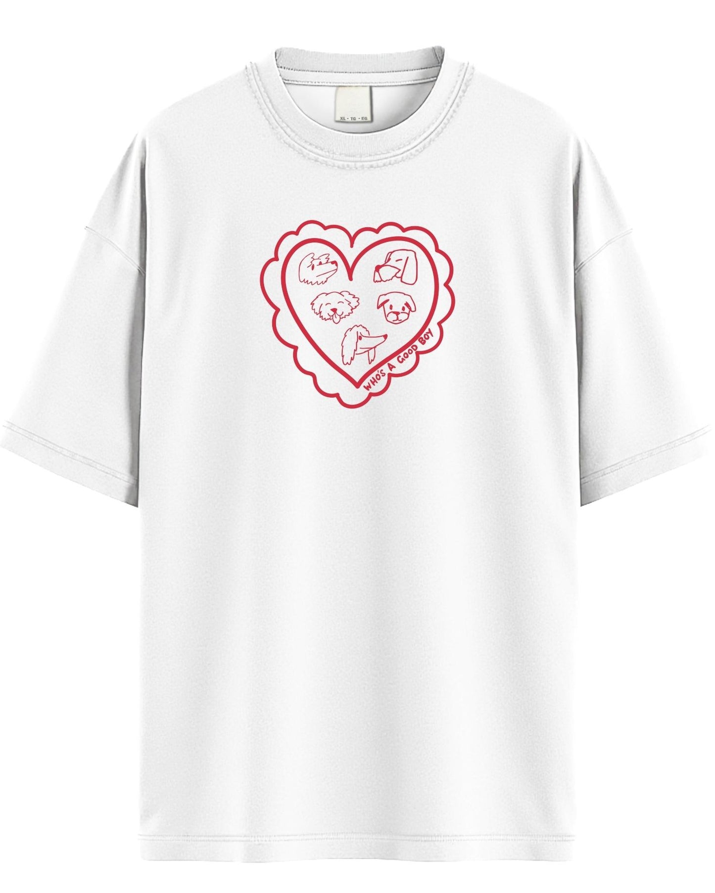 White t-shirt with a red heart-shaped graphic on a white background for dog lovers