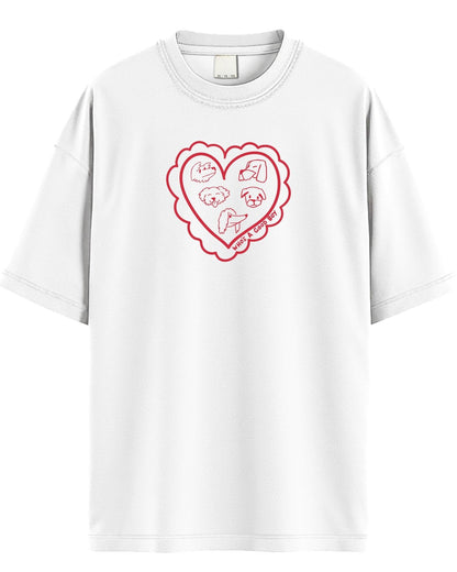 White t-shirt with a red heart-shaped graphic on a white background for dog lovers